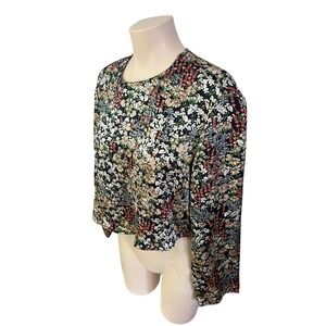 Silky Floral Long Sleeve Cropped Blouse Black Wildflower Size Medium